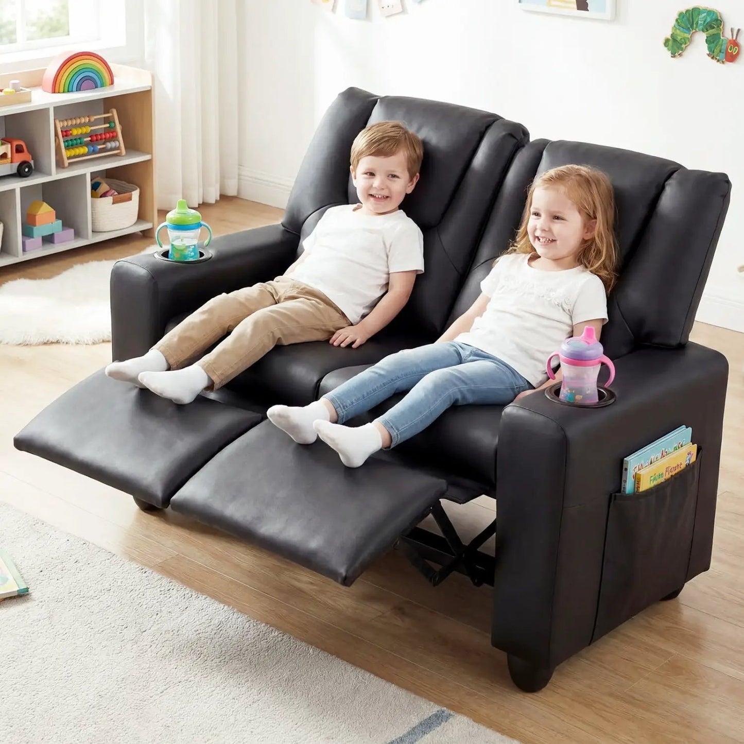 Two Seater Kids Recliner Sofa With 2 Cup Holders