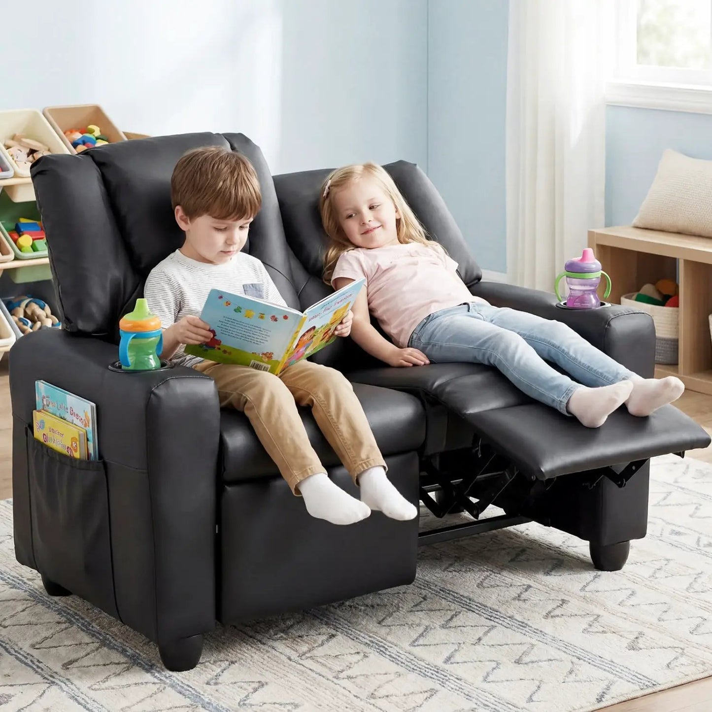 Two Seater Kids Recliner Sofa With 2 Cup Holders