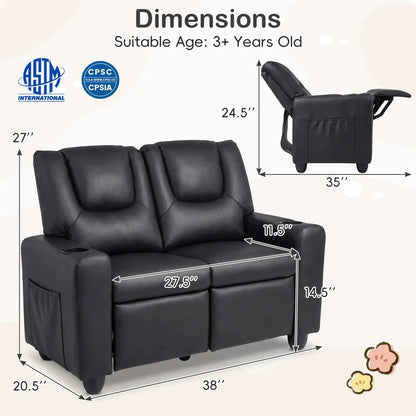 Two Seater Kids Recliner Sofa With 2 Cup Holders