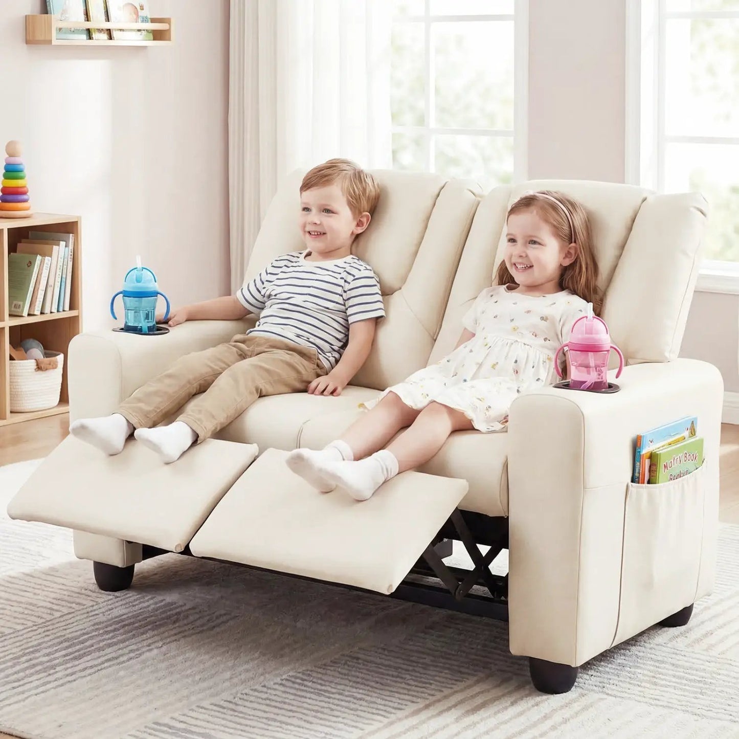 Two Seater Kids Recliner Sofa With 2 Cup Holders