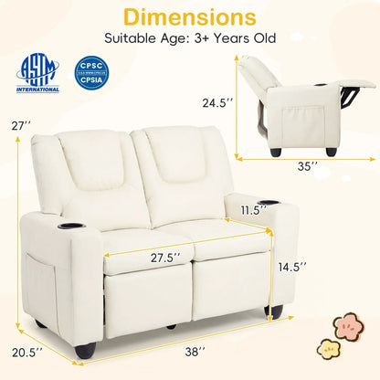 Two Seater Kids Recliner Sofa With 2 Cup Holders