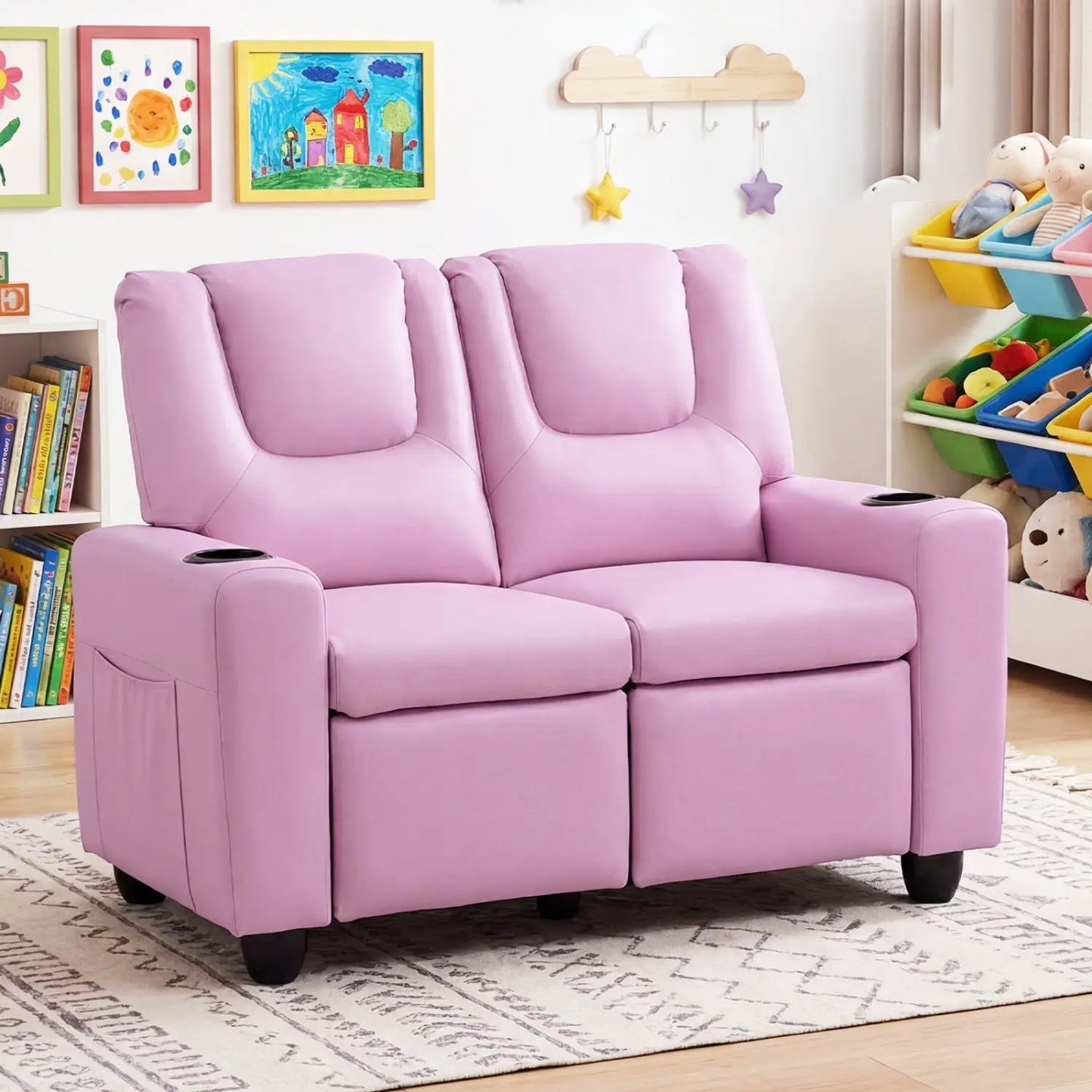 Two Seater Kids Recliner Sofa With 2 Cup Holders