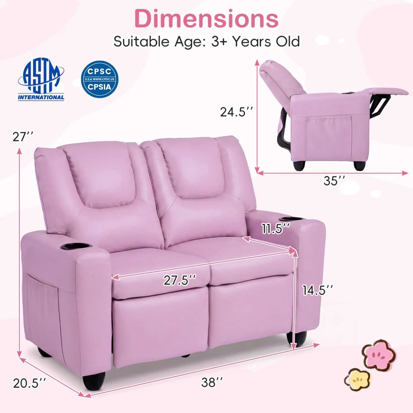 Two Seater Kids Recliner Sofa With 2 Cup Holders