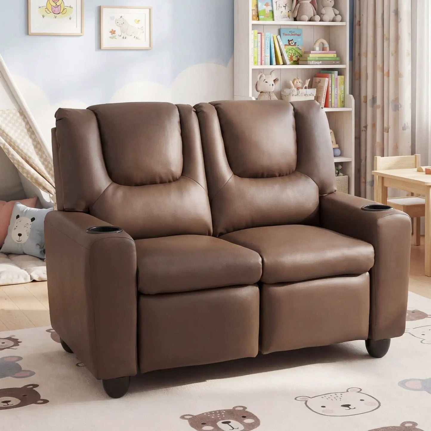 Two Seater Kids Recliner Sofa With 2 Cup Holders