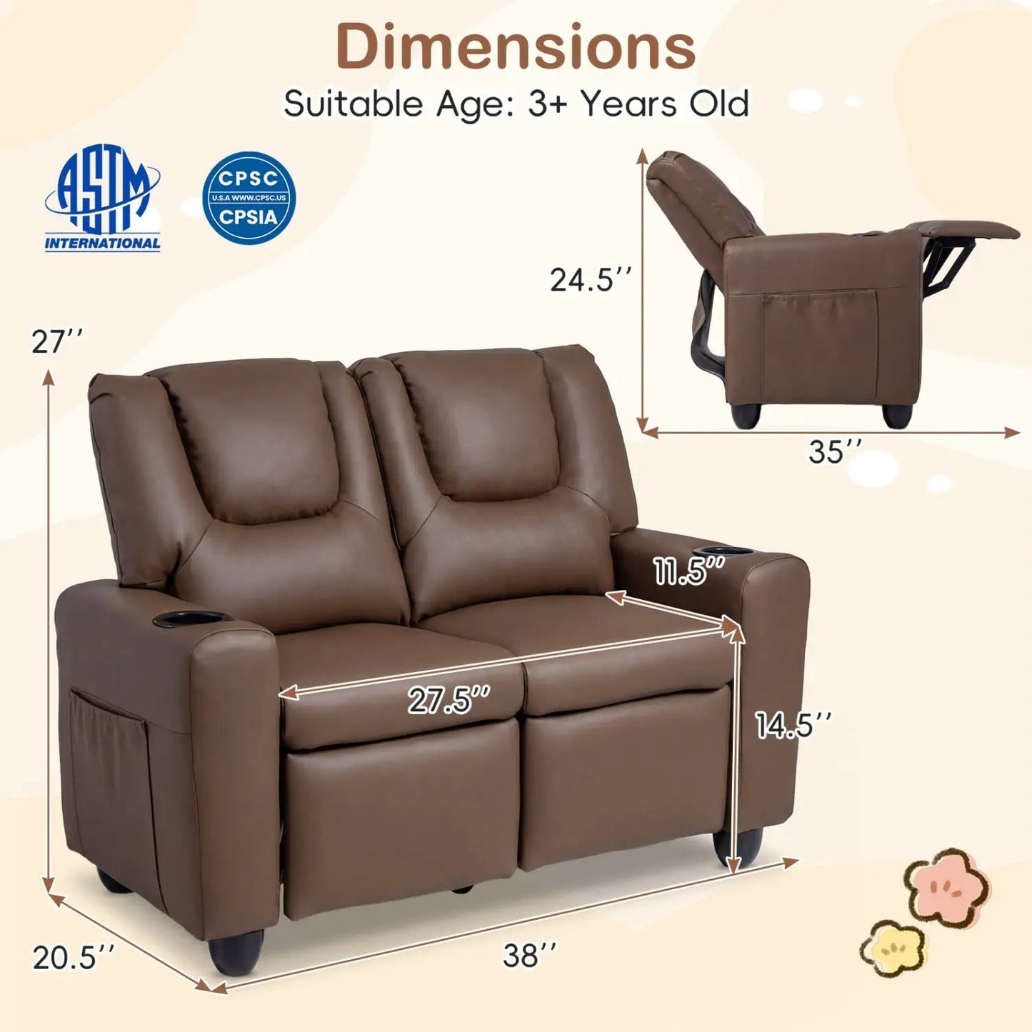 Two Seater Kids Recliner Sofa With 2 Cup Holders