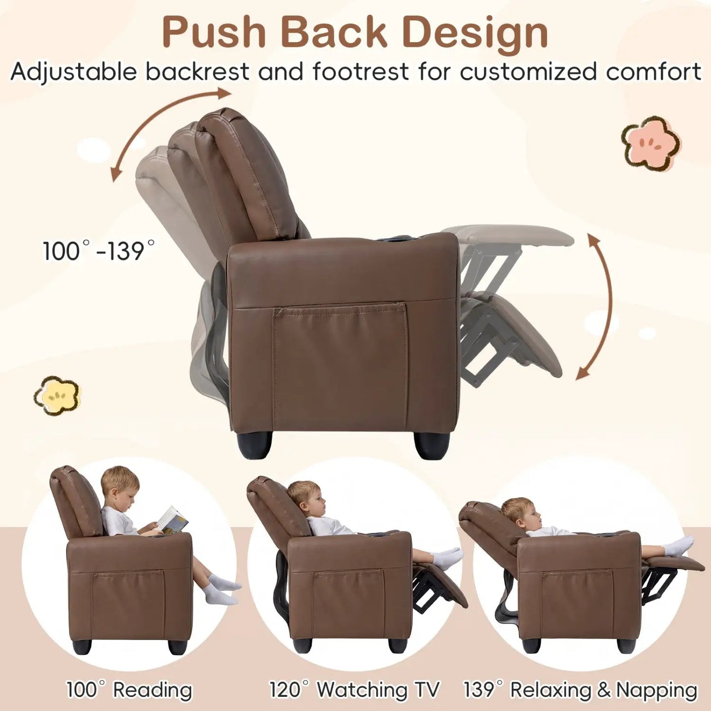 Two Seater Kids Recliner Sofa With 2 Cup Holders