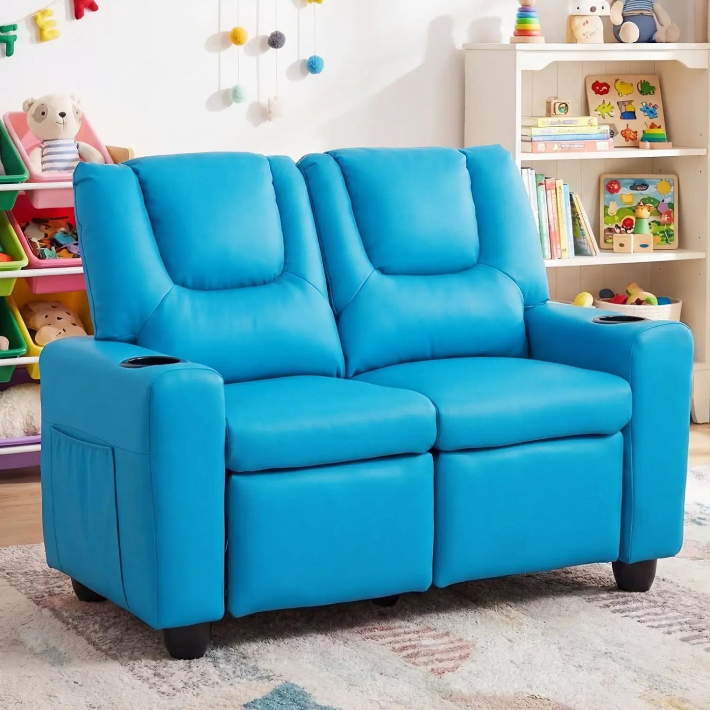 Two Seater Kids Recliner Sofa With 2 Cup Holders