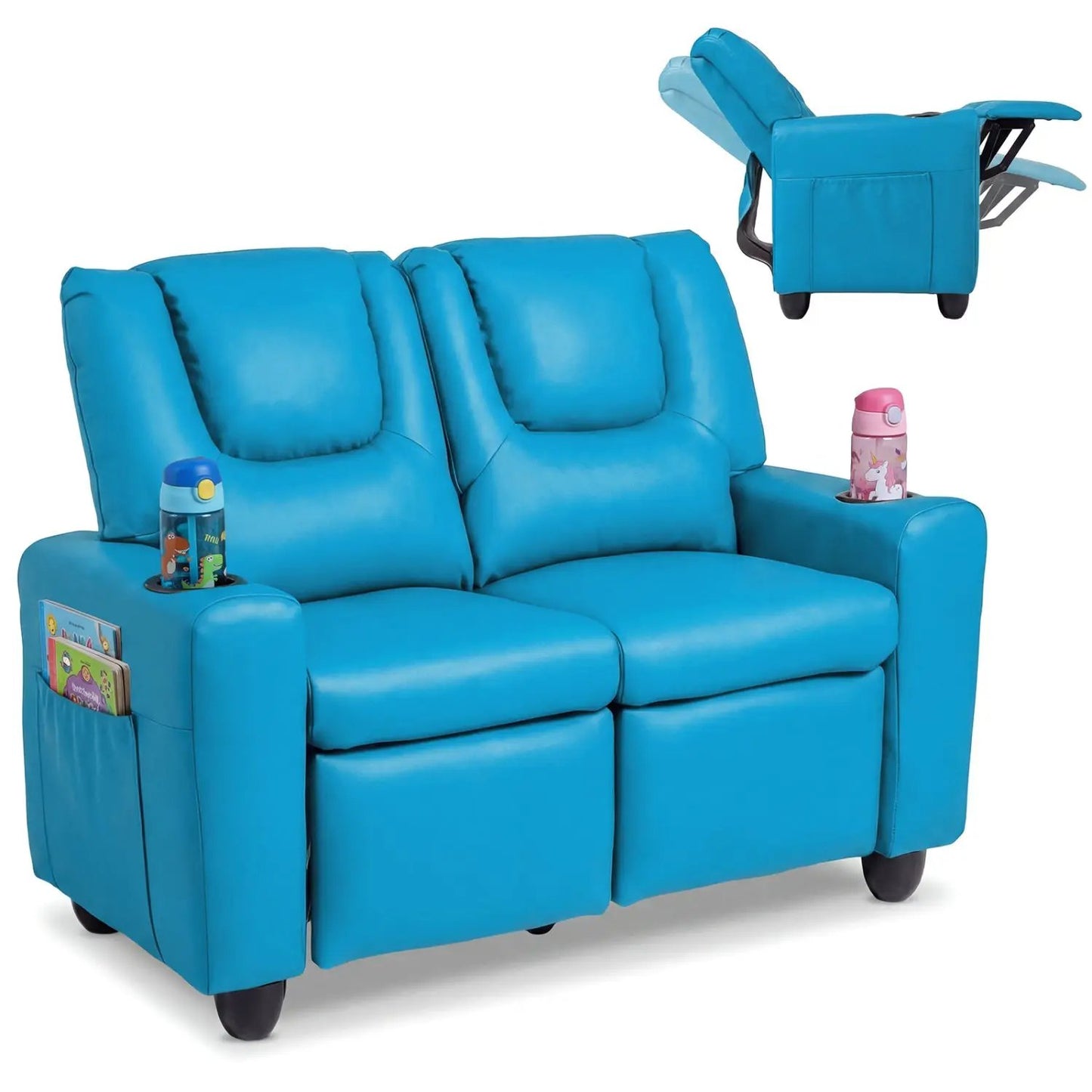 Two Seater Kids Recliner Sofa With 2 Cup Holders