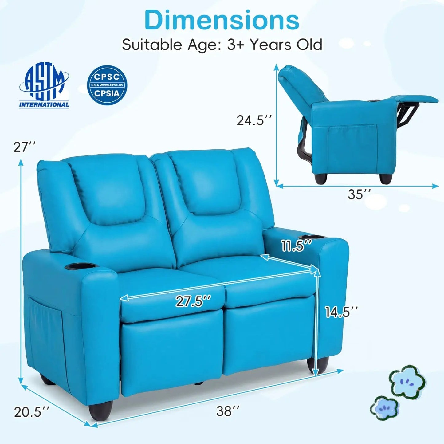 Two Seater Kids Recliner Sofa With 2 Cup Holders