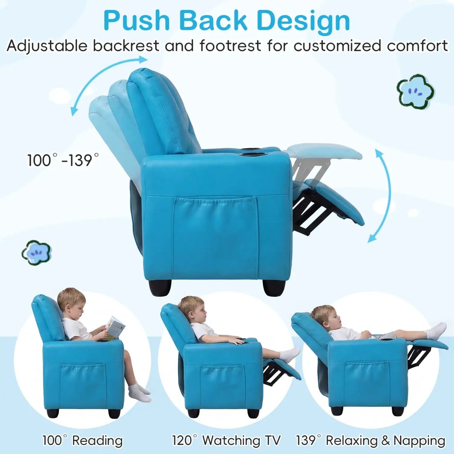 Two Seater Kids Recliner Sofa With 2 Cup Holders