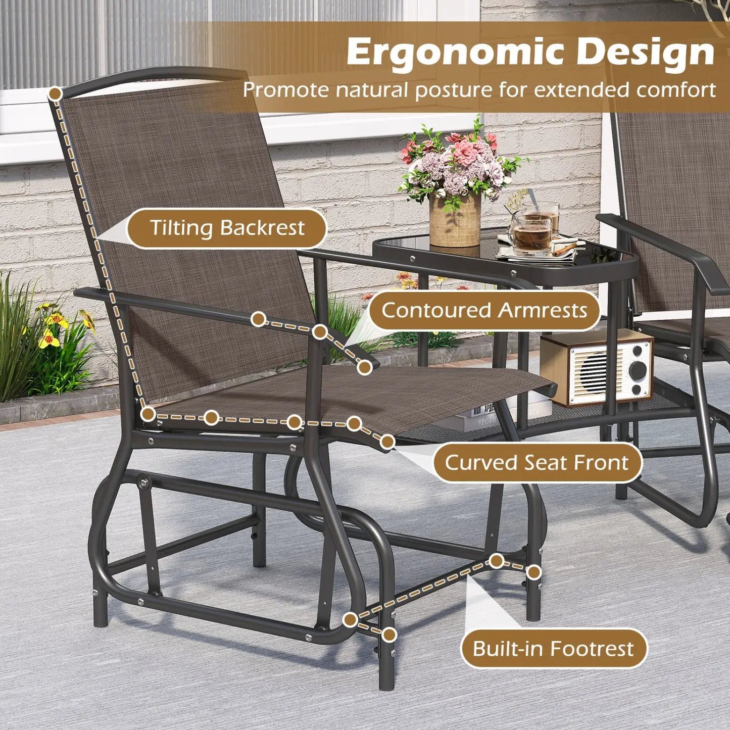 Two-Seater Outdoor Glider Bench with Center Table