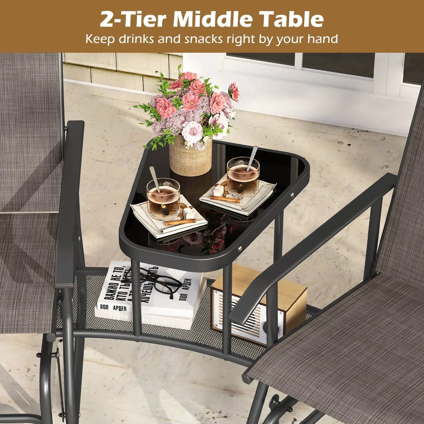 Two-Seater Outdoor Glider Bench with Center Table