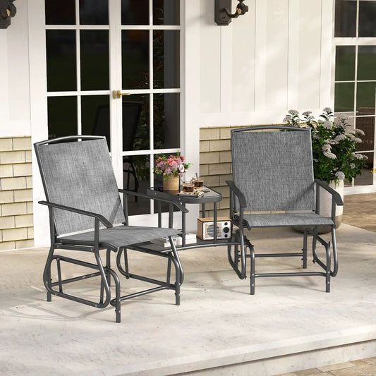 DirectDeals 2-Seater Outdoor Glider Bench with Center Table gray cushions black metal frame on Tampa Home & Garden Store