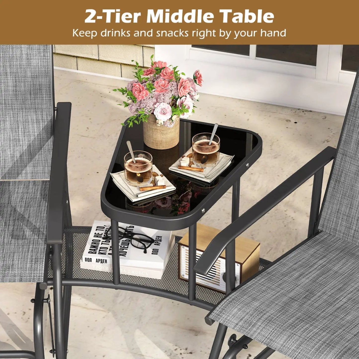 Two-Seater Outdoor Glider Bench with Center Table