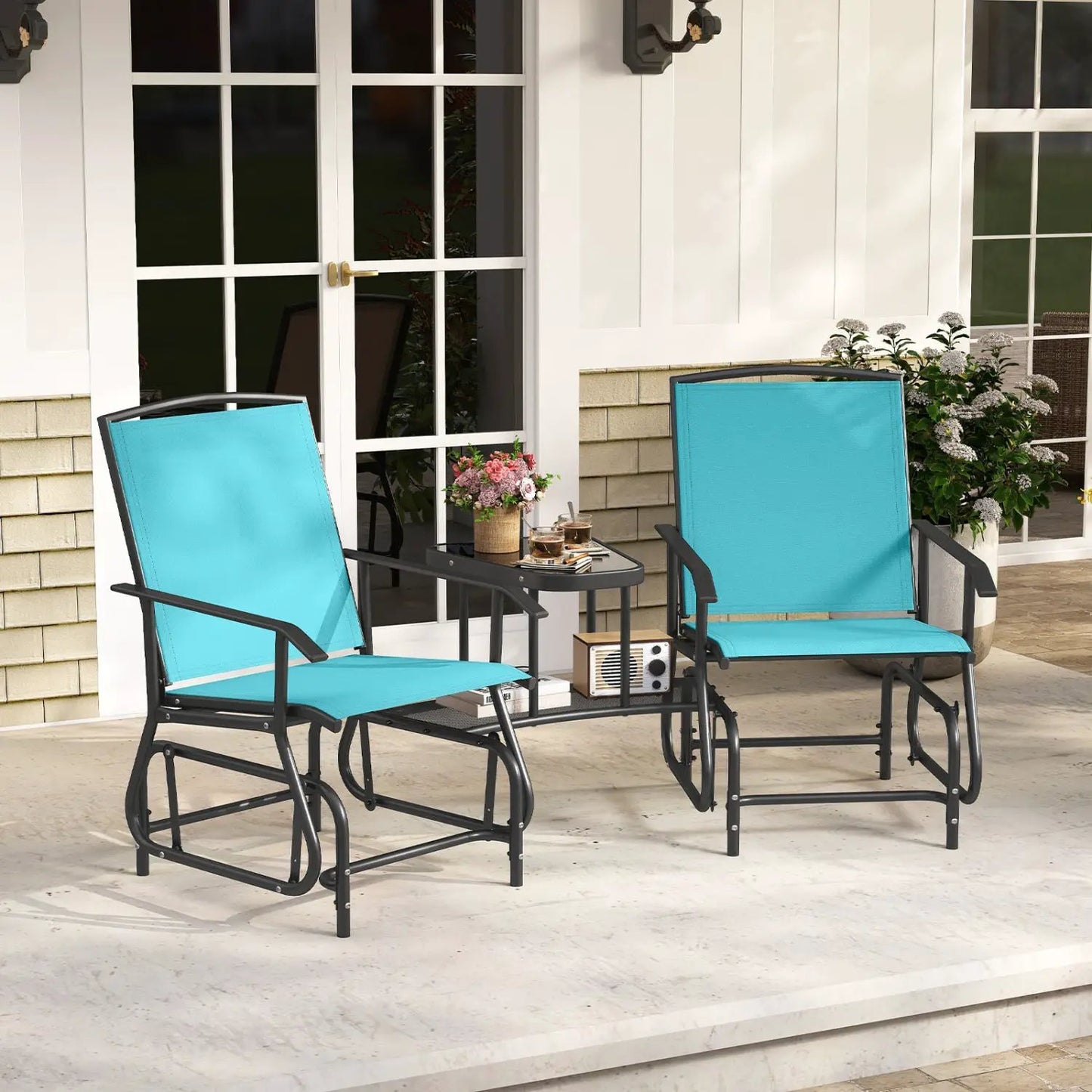 Two-Seater Outdoor Glider Bench with Center Table