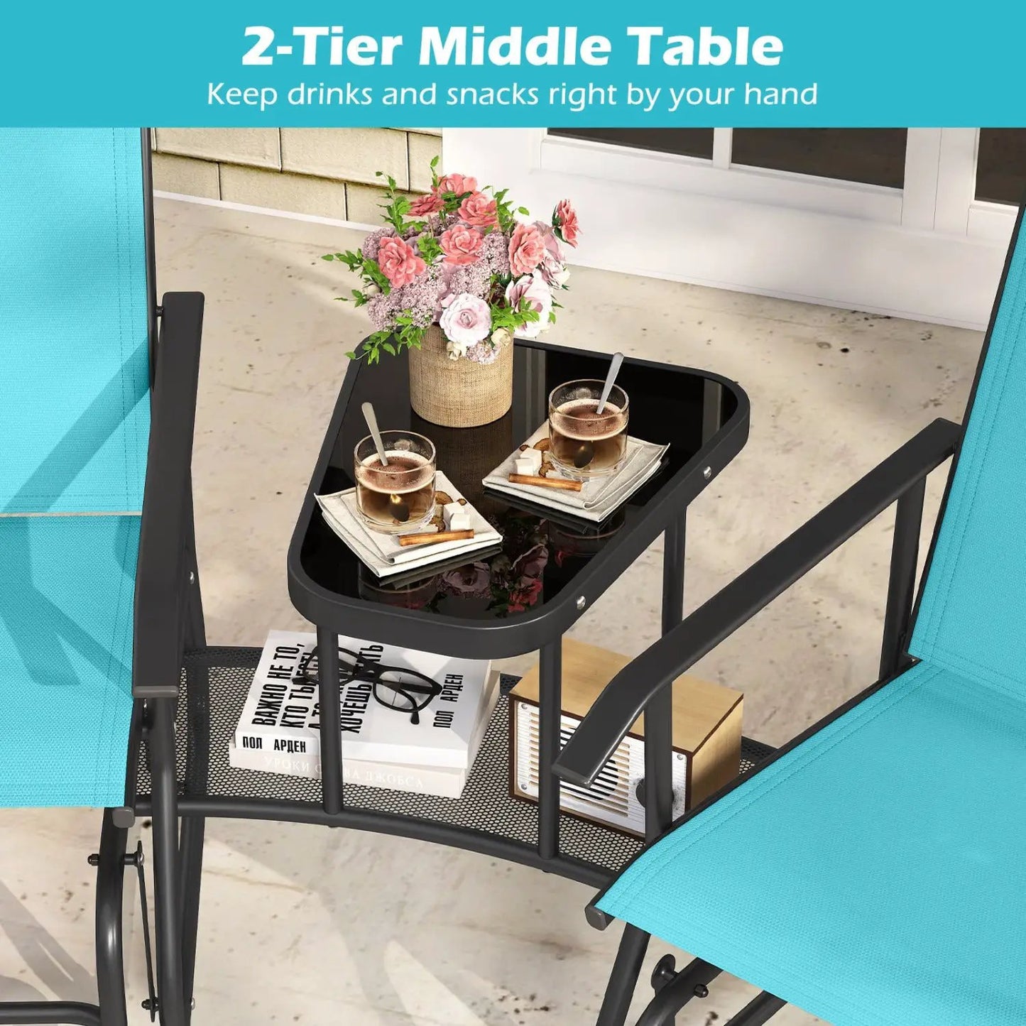 Two-Seater Outdoor Glider Bench with Center Table