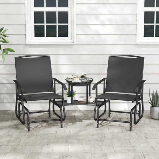 2-Seater outdoor glider bench set with round center table, black metal frame DirectDeals on Tampa Home & Garden Store