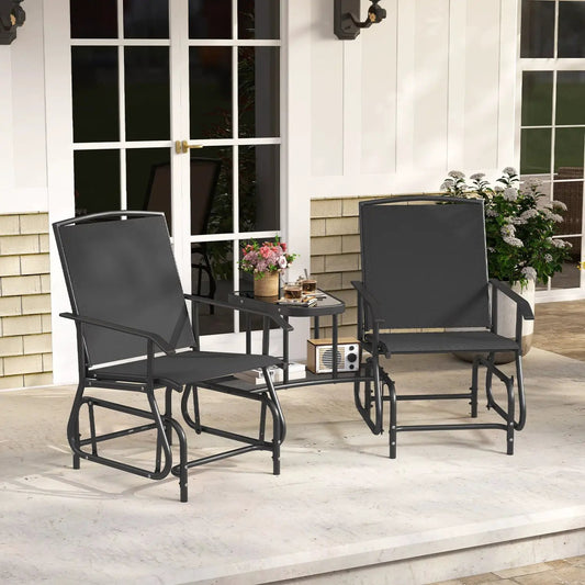 2-Seater Outdoor Glider Bench with Center Table; 2 black metal chairs on a patio on Tampa Home & Garden Store