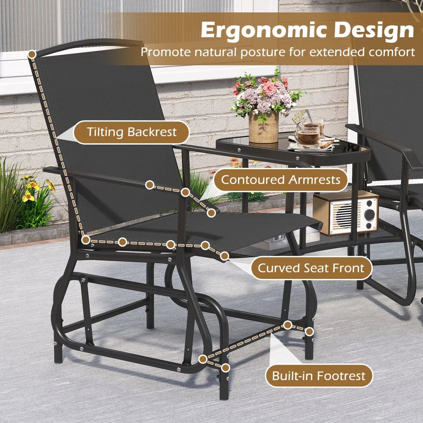 2-Seater Outdoor Glider Bench With Center Table