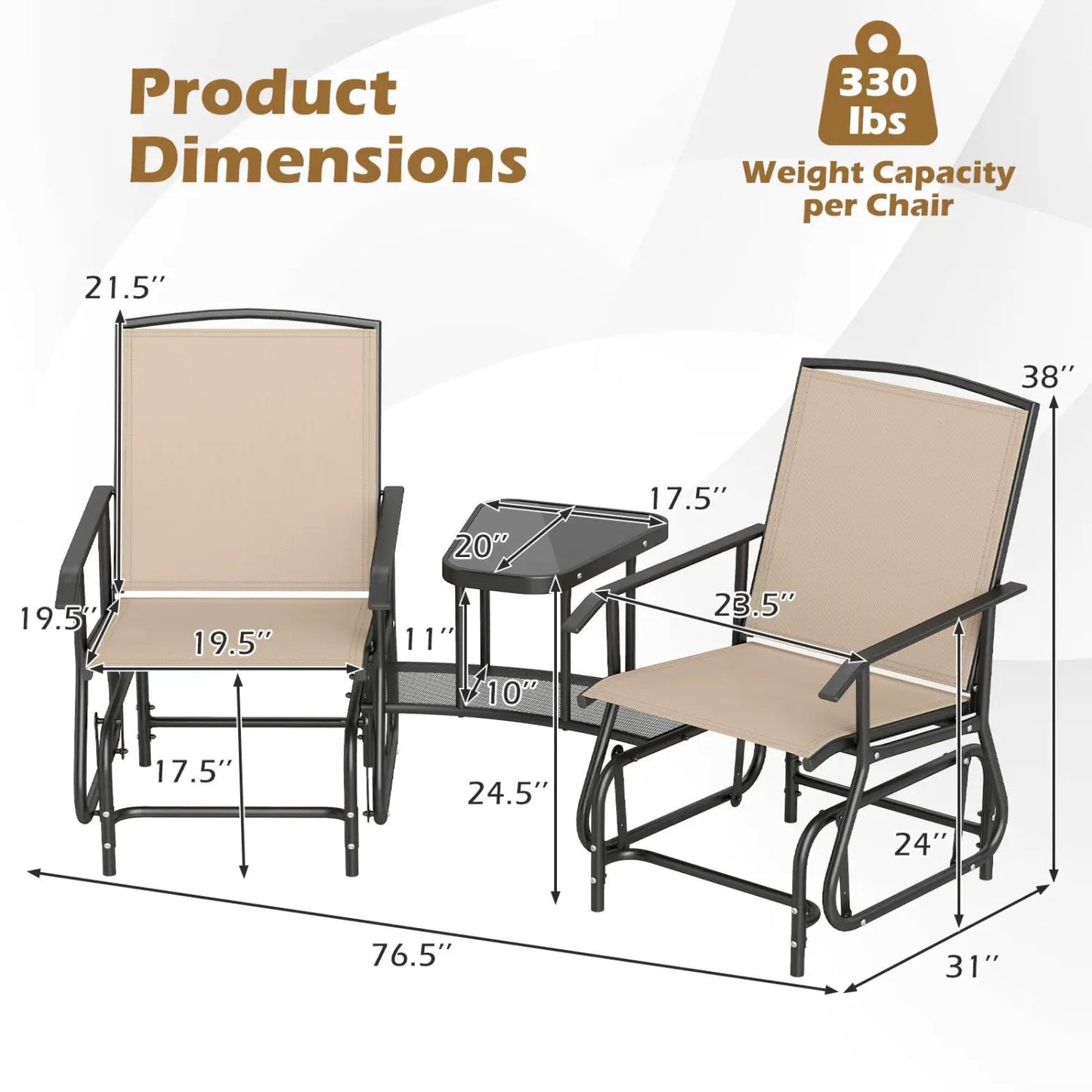 2-Seater Outdoor Glider Bench With Center Table