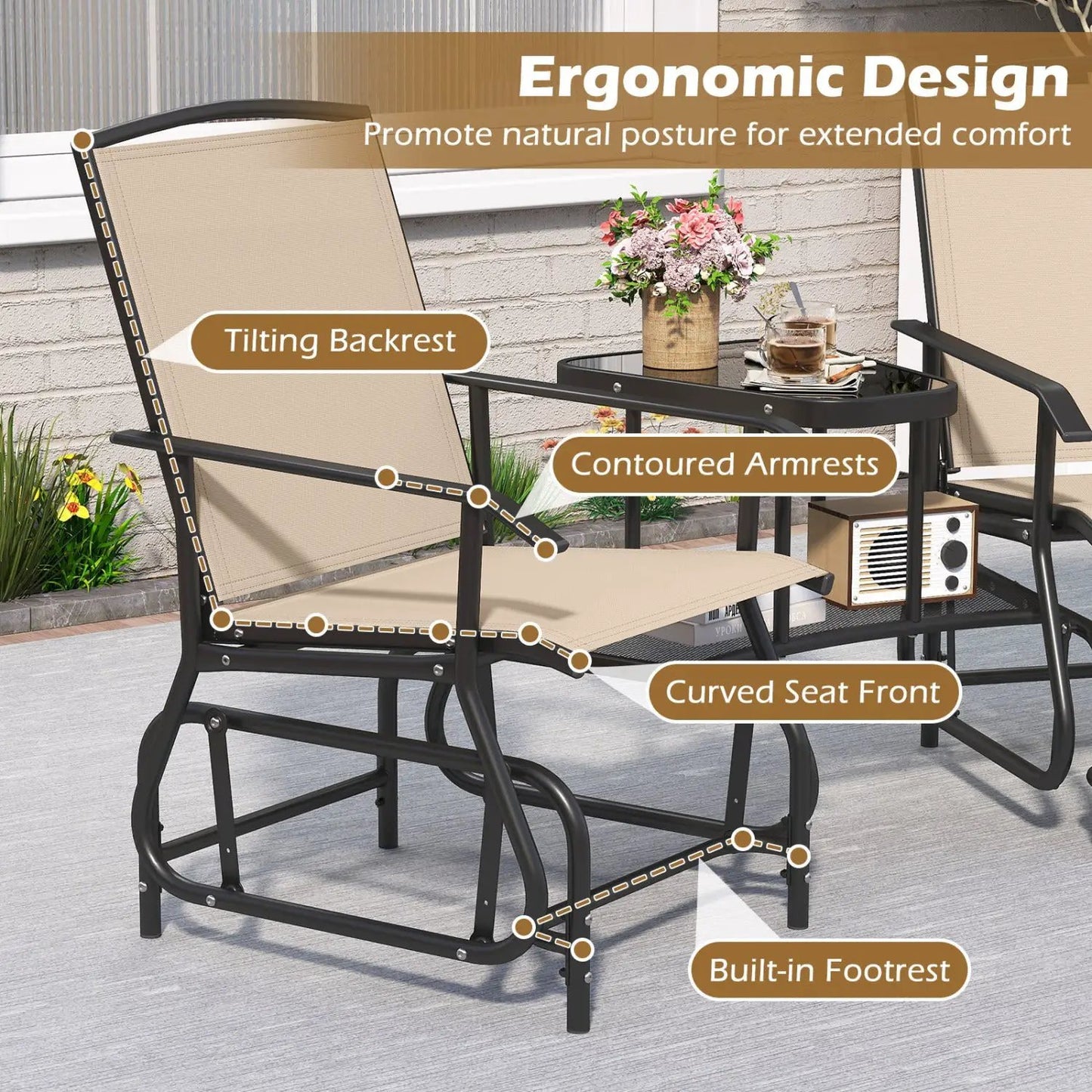 2-Seater Outdoor Glider Bench With Center Table