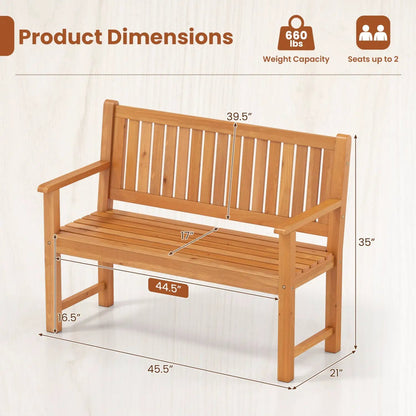 2-Seater Wooden Outdoor Bench with Backrest and Armrests