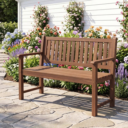 2-Seater Wooden Outdoor Bench with Backrest and Armrests
