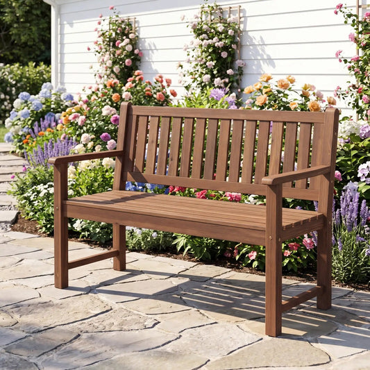 2-Seater wooden outdoor bench with backrest and armrests in brown DirectDeals on Tampa Home & Garden Store