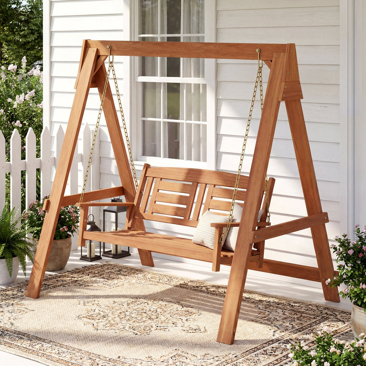 DirectDeals 2-Seater wooden porch swing with stand and chains, natural wood finish on Tampa Home & Garden Store