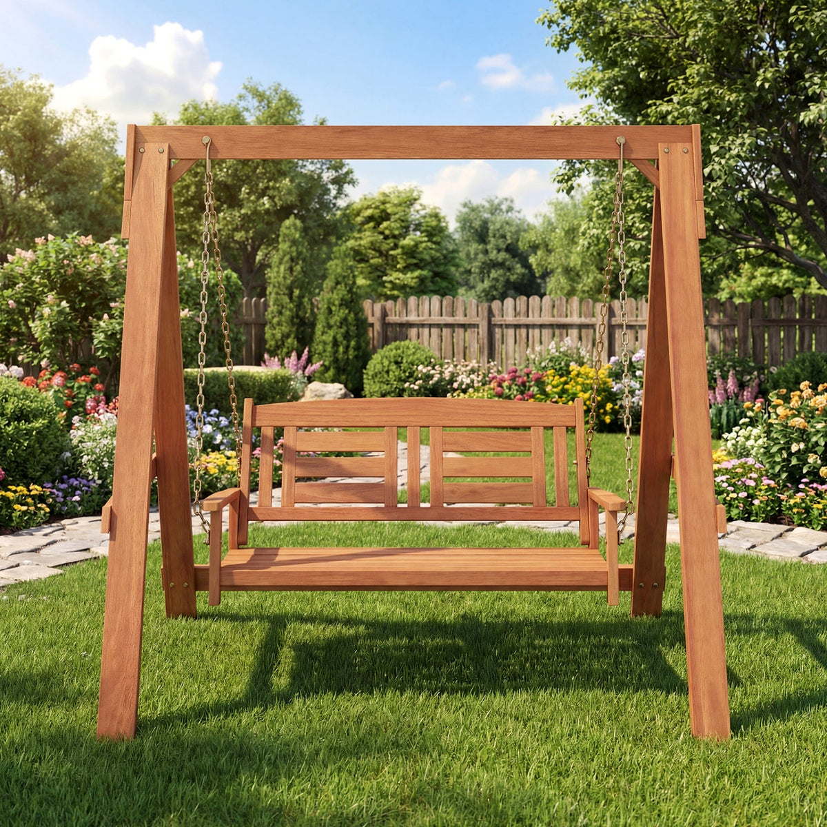 2-Seater Porch Swing with Stand and Adjustable Chains in natural wood finish on Tampa Home & Garden Store
