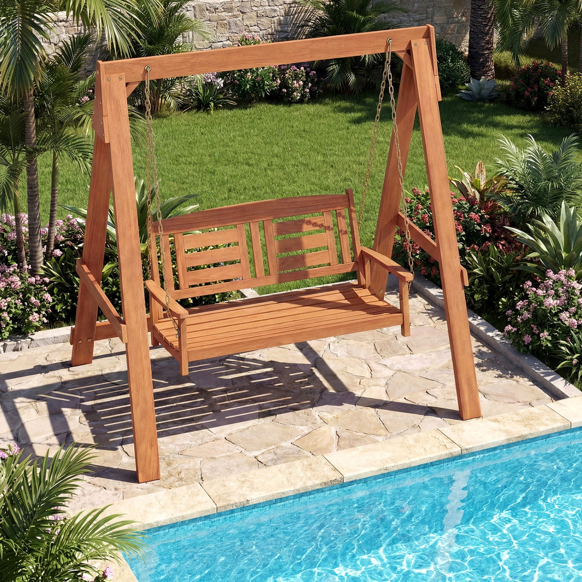 2-Seater porch swing with stand and adjustable chains in natural wood by DirectDeals on Tampa Home & Garden Store