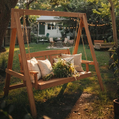 DirectDeals 2-Seater wooden porch swing with stand and adjustable chains, neutral cushions on Tampa Home & Garden Store