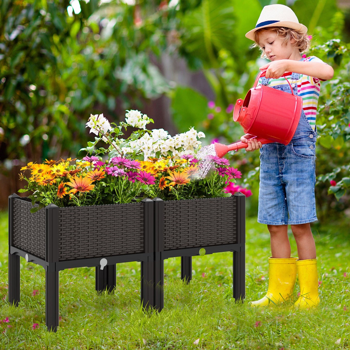 Kit de jardinera elevada de plástico para flores y hortalizas, 2 unidades, color marrón