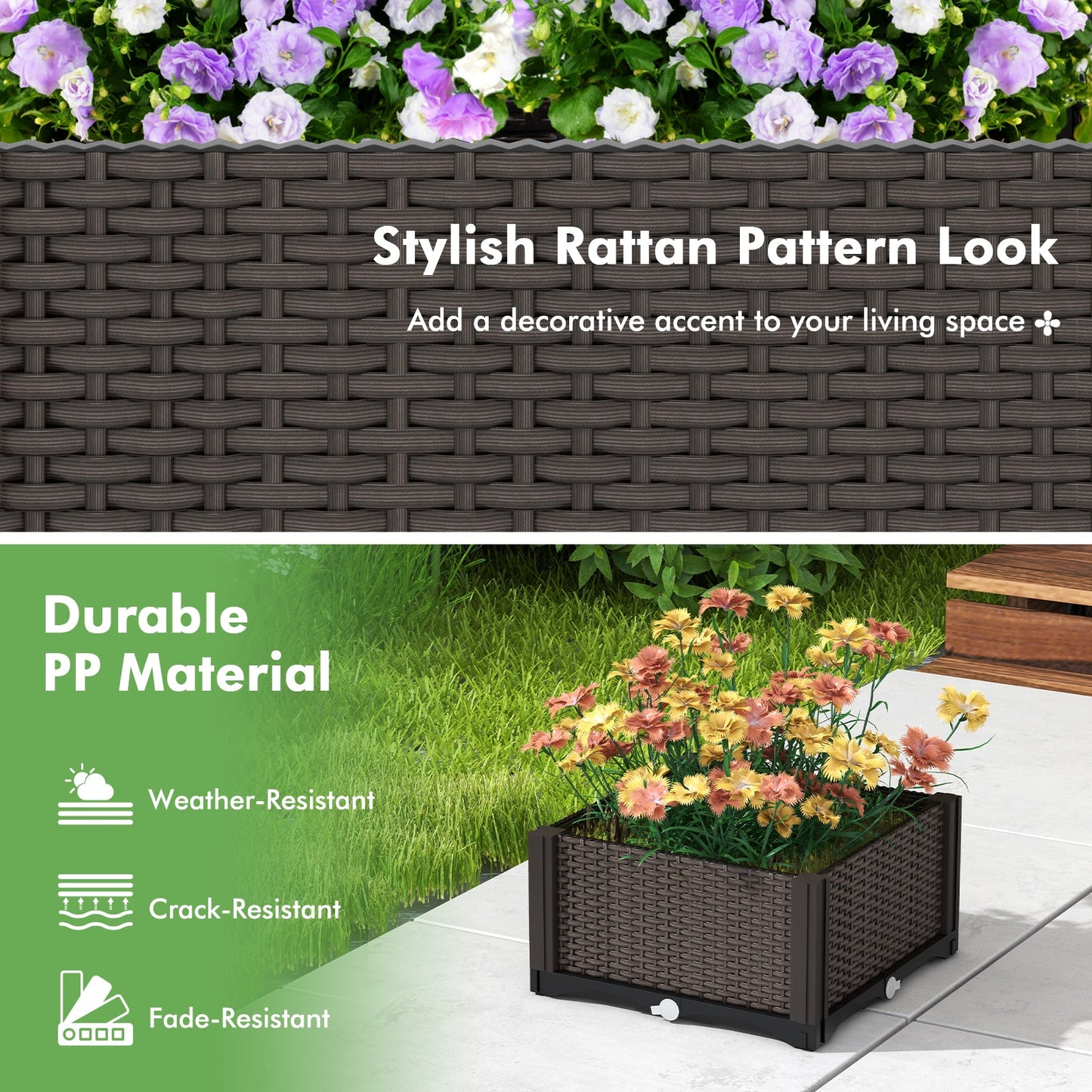 Kit de jardinera elevada de plástico para flores y hortalizas, 2 unidades, color marrón