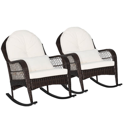 Mecedora de ratán para patio con cojines de asiento y almohada lumbar - Blanca