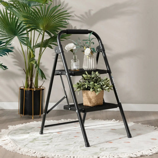 2-Step Folding Ladder with Wide Anti-Slip Pedals, black metal frame for indoor use on Tampa Home & Garden Store