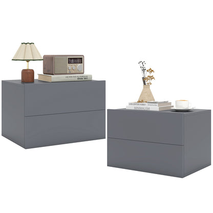 Wall Mounted Floating Nightstand with 2 Drawers in gray; lamp and radio, right vase and cup on Tampa Home & Garden Store