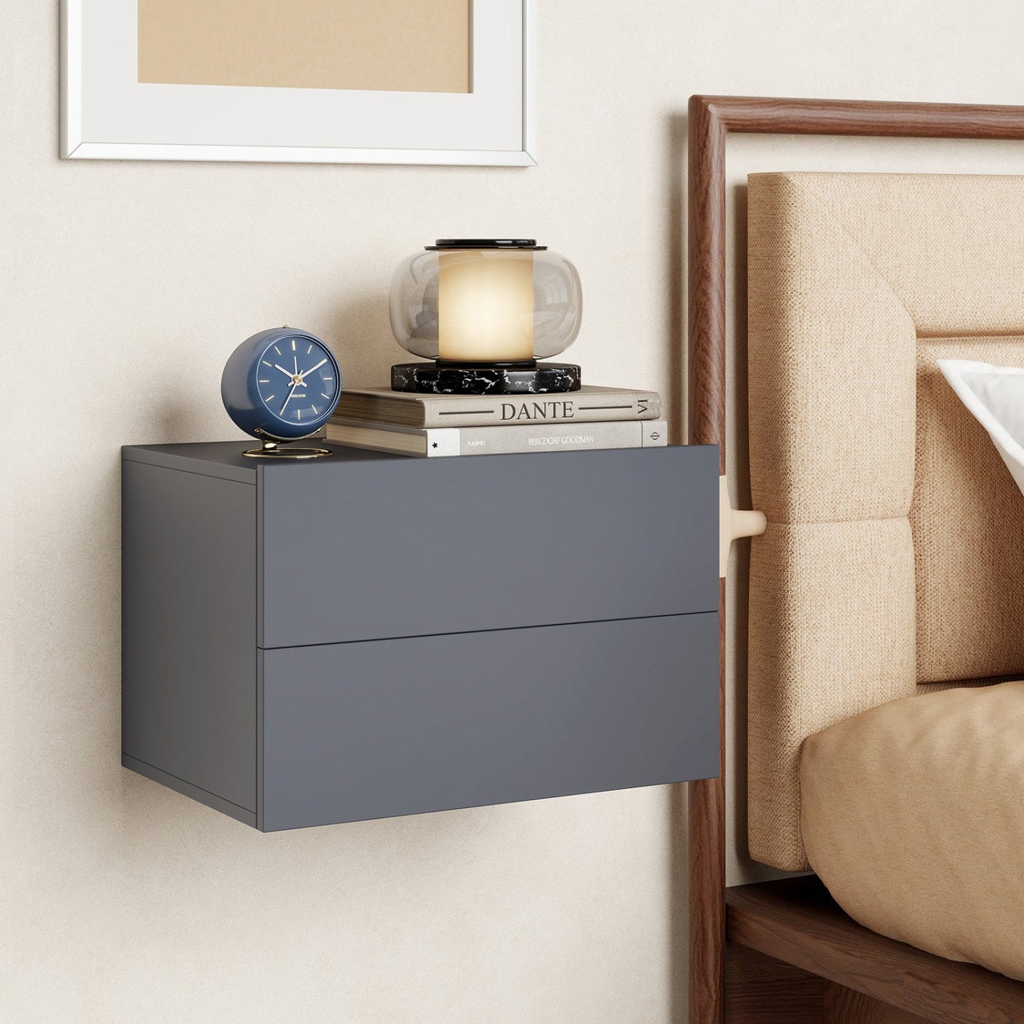 Wall mounted floating nightstand with 2 drawers in gray finish topped by a blue clock and lamp on Tampa Home & Garden Store