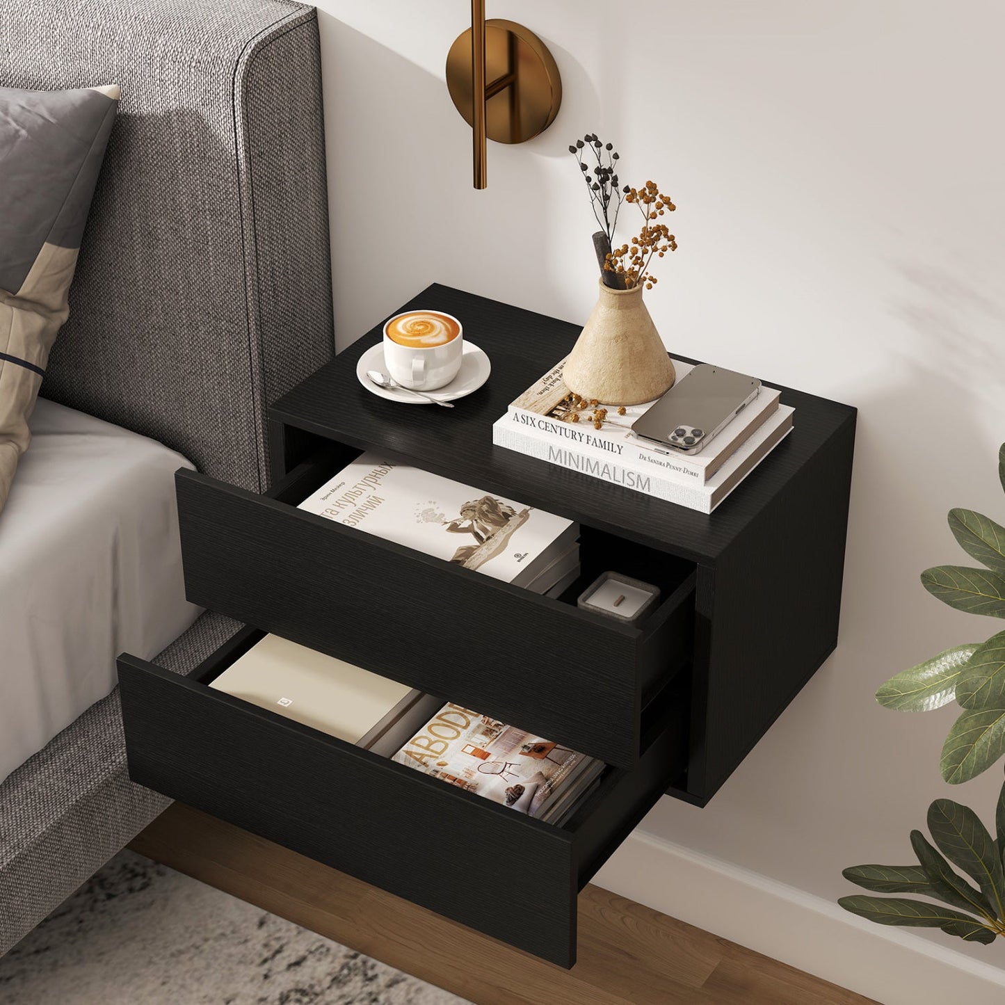 Wall mounted floating nightstand with 2 drawers in black wood DirectDeals near bed with books on Tampa Home & Garden Store
