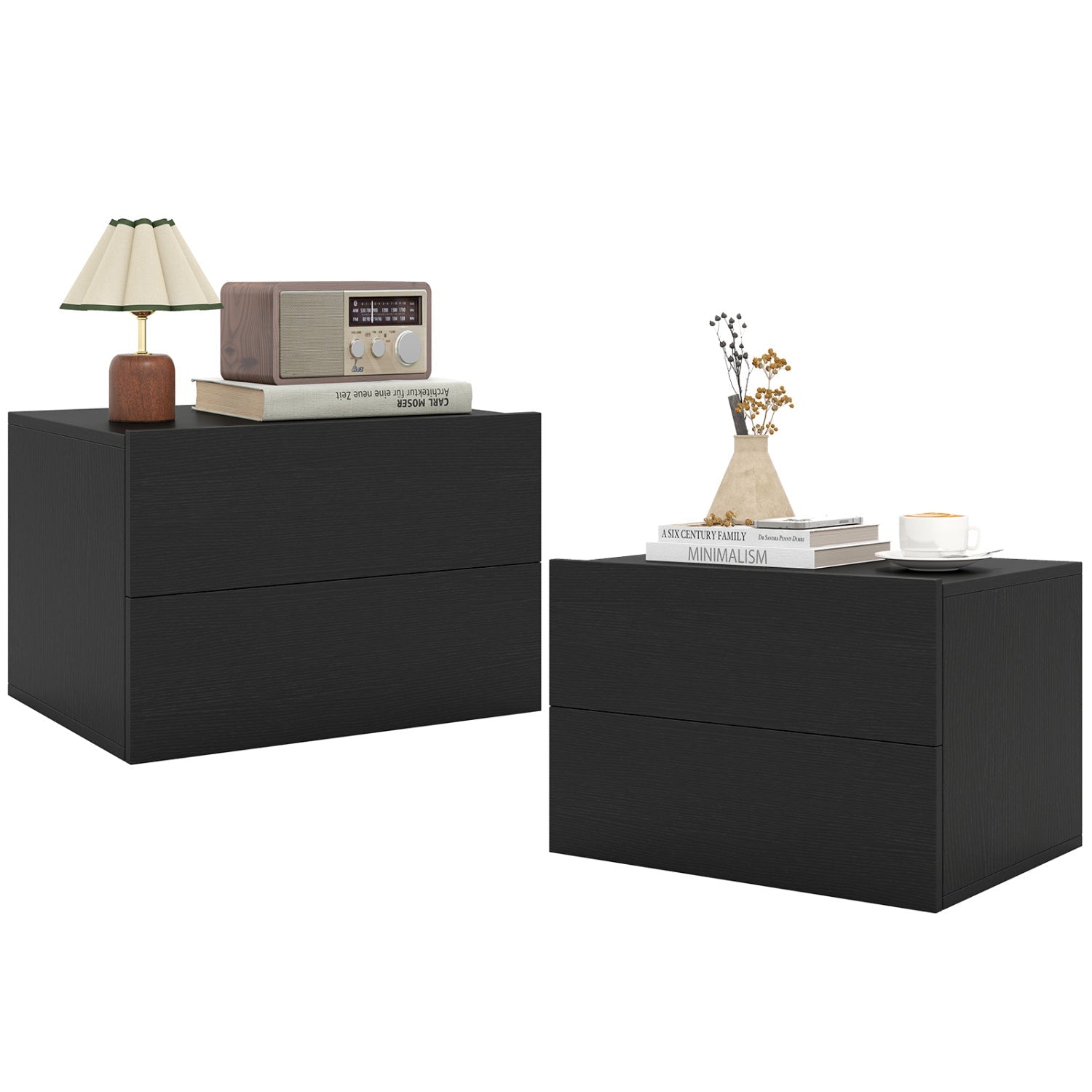 Wall-mounted floating nightstands; DirectDeals black two-drawer pair on Tampa Home & Garden Store
