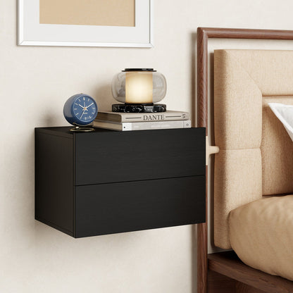 Wall-mounted floating nightstand, 2-drawer, black finish, DirectDeals; blue clock on book stack on Tampa Home & Garden Store