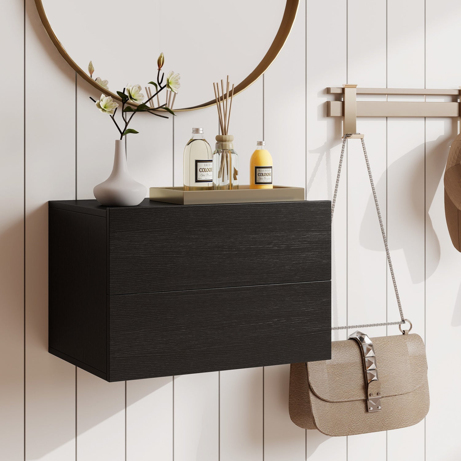 Wall mounted floating nightstand with 2 drawers, DirectDeals, black wood finish on Tampa Home & Garden Store