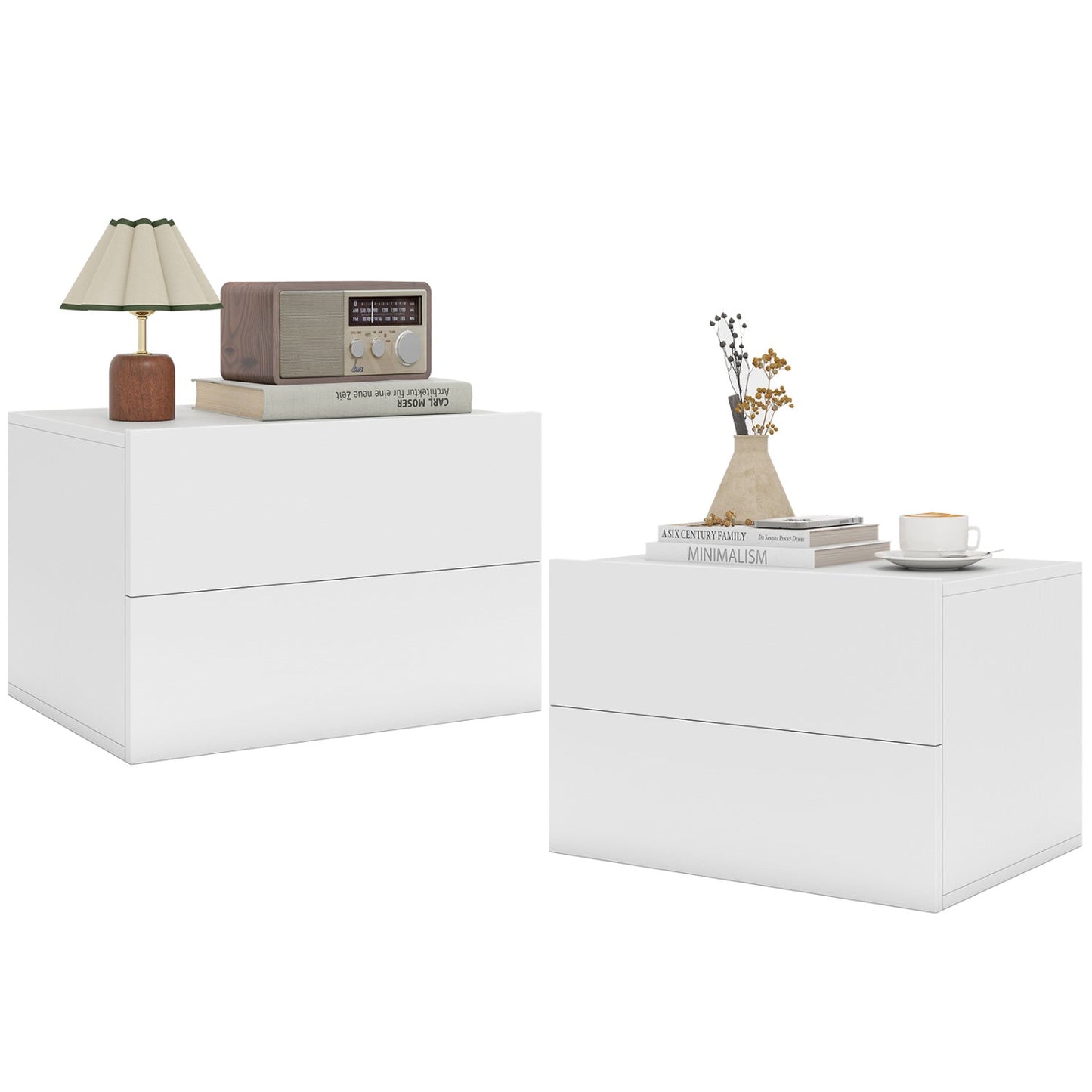 Wall-mounted floating nightstands in white with 2 drawers; top features lamp and radio on Tampa Home & Garden Store