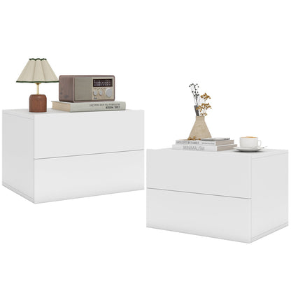 Wall-mounted floating nightstands in white with 2 drawers; top features lamp and radio on Tampa Home & Garden Store