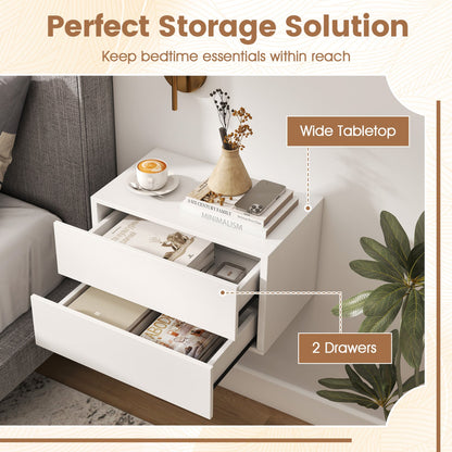 Wall-mounted white nightstand with 2 drawers; top with coffee cup, vase, books, and smartphone by DirectDeals on Tampa Home & Garden Store