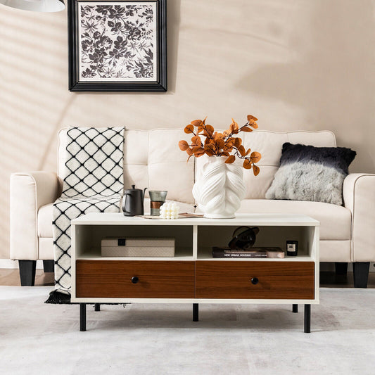 2 Tier 40 Inch Length Modern Rectangle Coffee Table with Storage Shelf and Drawers-White - Tampa Home & Garden Store