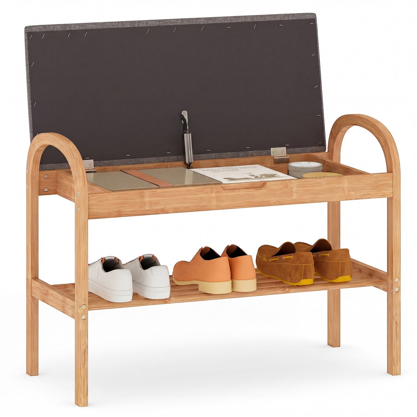 2-Tier Bamboo Shoe Bench with Storage and Padded Cushion-Gray