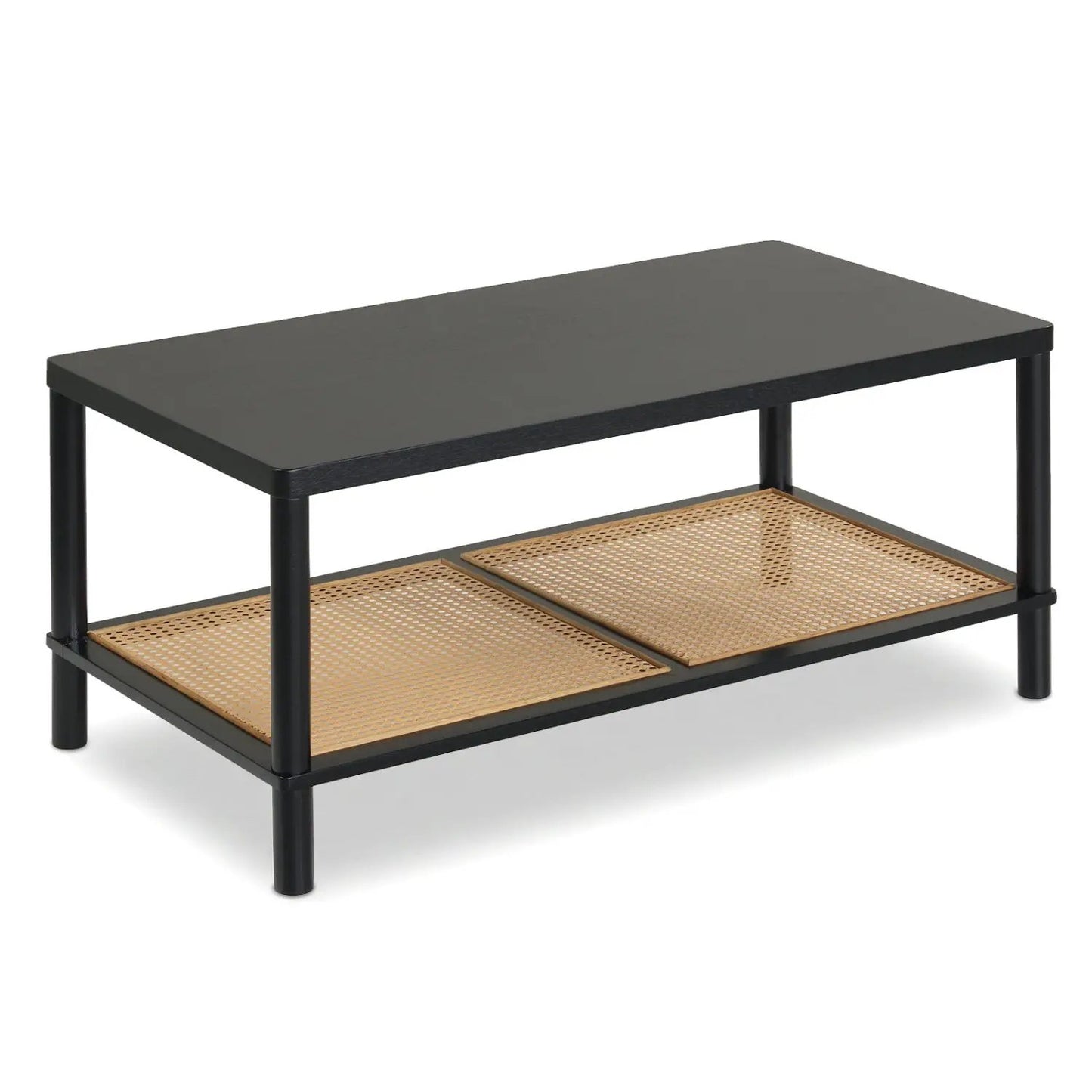 Boho Coffee Table with Rattan Storage Shelf