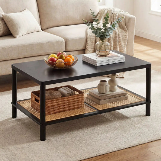 2-Tier Boho Coffee Table with Rattan Storage Shelf, black metal frame, DirectDeals on Tampa Home & Garden Store