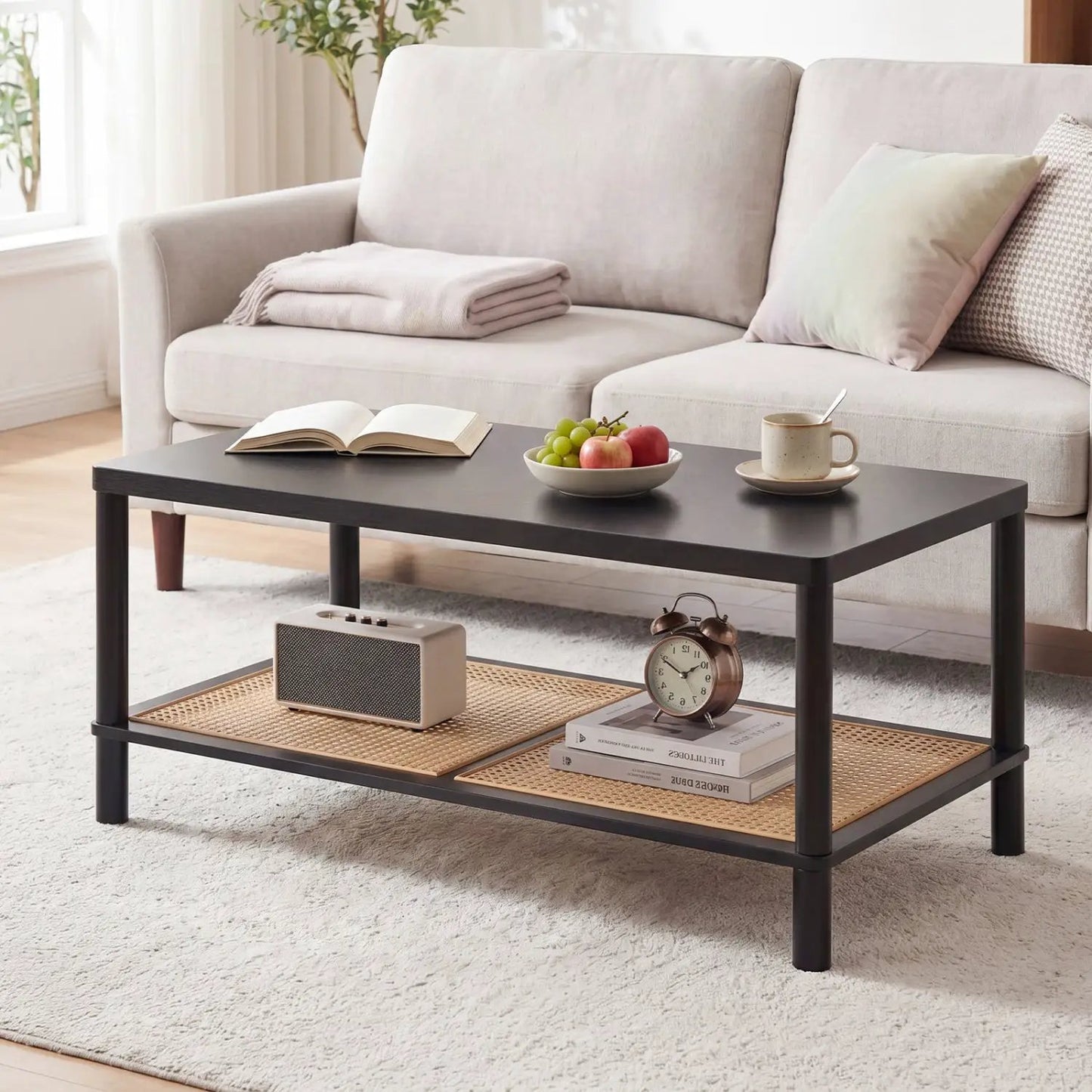 Boho Coffee Table with Rattan Storage Shelf